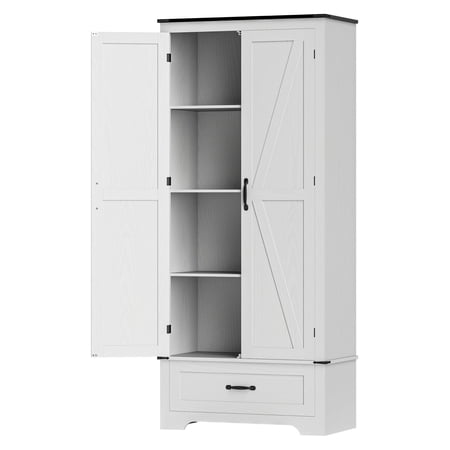 72 Farmhouse Pantry Cabinet - Distressed White Kitchen Storage Adjustable Shelves 2 Door Tall Pantry Freestanding Organizer