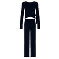 thumbnail image 4 of vdgthytj 2 Piece Sets for Women Long Sleeve V-Neck Wrap Waist Crop Tops Drawstring Wide Leg Pants Fall Casual Going out Outfits, 4 of 5