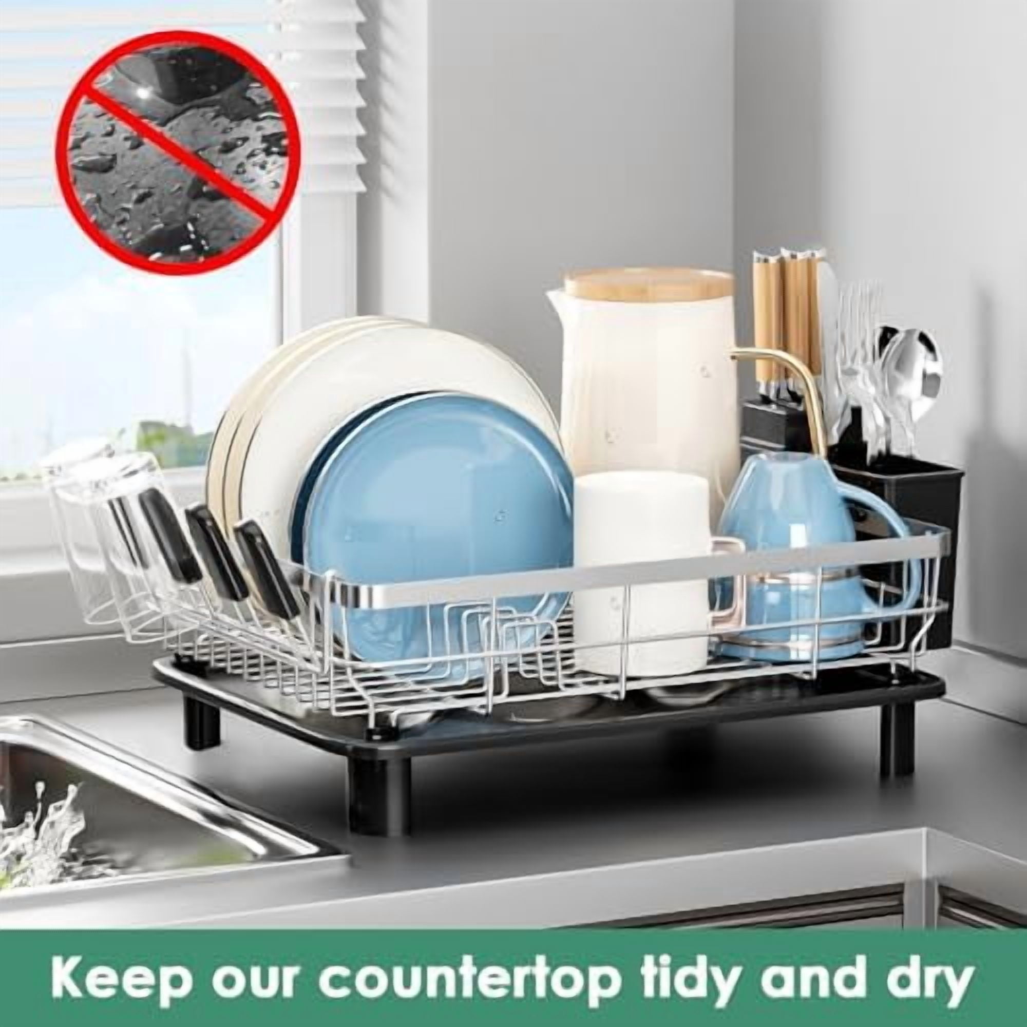 Dish Drying Rack, Dish Rack, Stainless Steel Dish Racks for Kitchen Counter, Dish Drainer with Removable Utensil Holder, Drainboard (Black,Stainless Steel,13''W x 17''L)