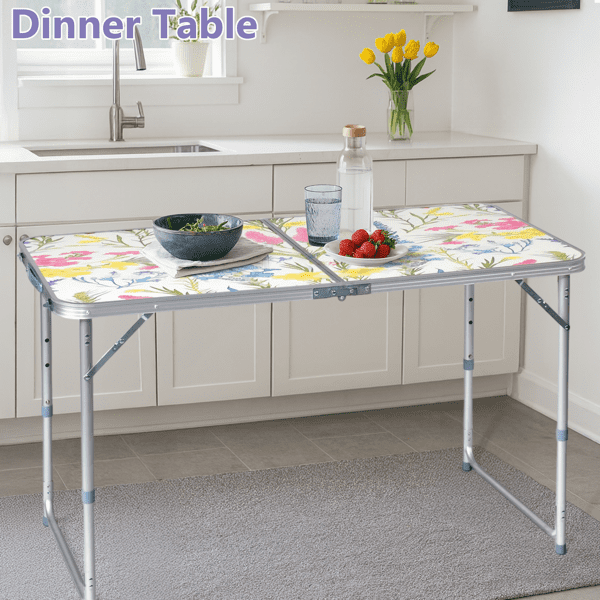 4 Ft Rectangular Center‑Fold Outdoor Folding Table, 23.82 Inch Width, 3‑Level Adjustable Height Aluminum Frame, 110 Lbs Capacity for Camping Picnic Party, Floral Print