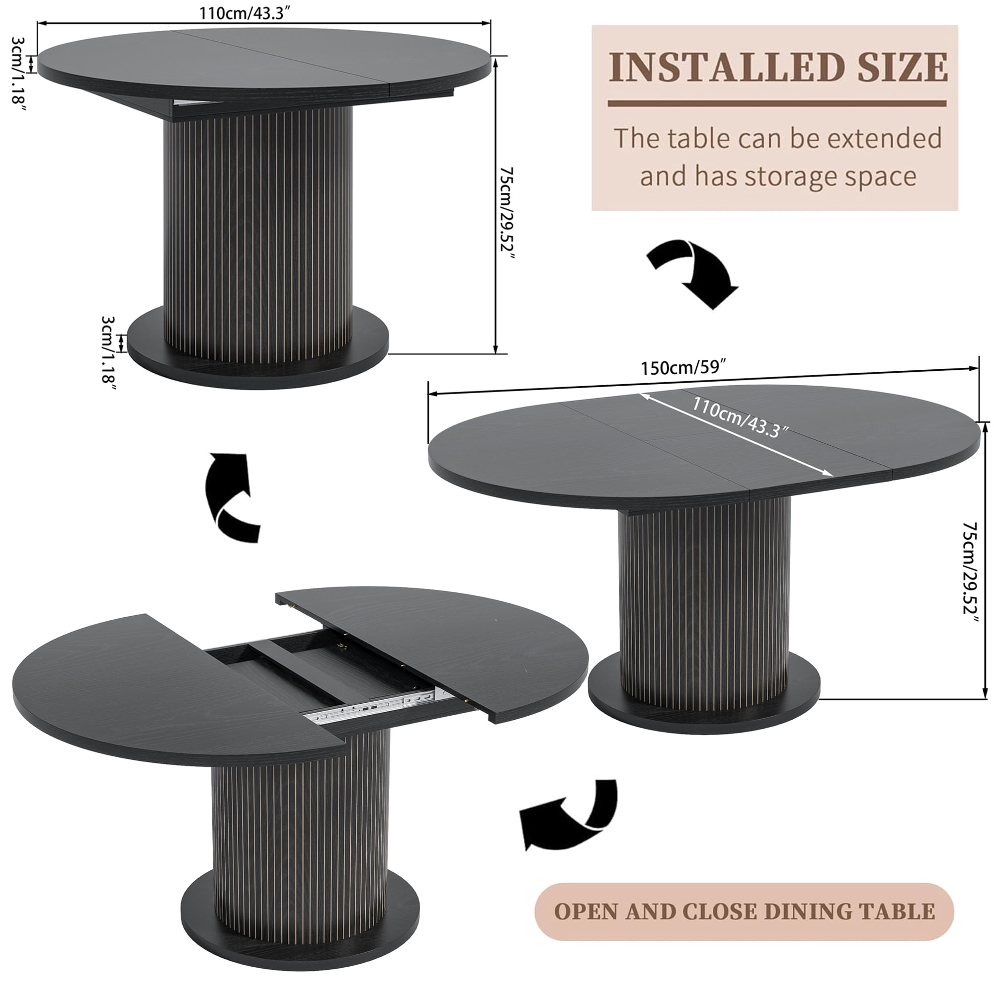 59" Extendable Round Dining Table for 4-6, Modern Oval Kitchen Table with Fluted Base, Circle Dining Table for Living Room, Black