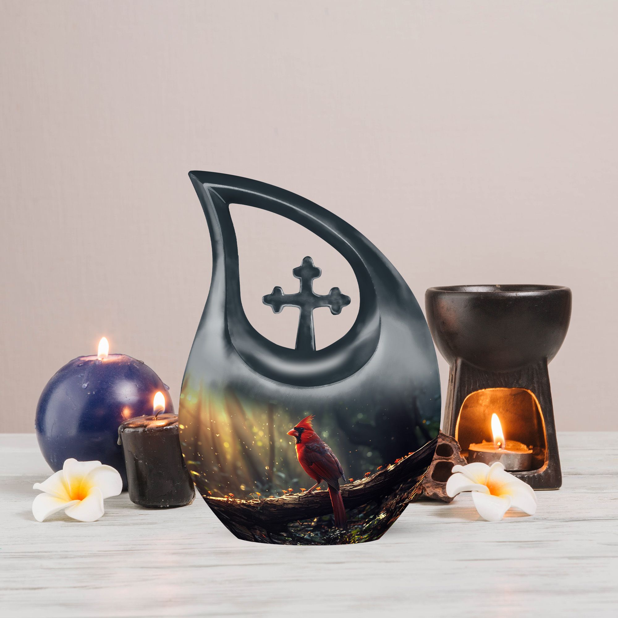 MUKTIVE Cardinal Burial Urns for Adult Male, Combo Sets Black Cremation Urns for Human Ashes Adult Female, Decorative Bird Urn, Funeral Urn for Human Ashes, (1 Large 10 ", 4 Keepsake 3 ")