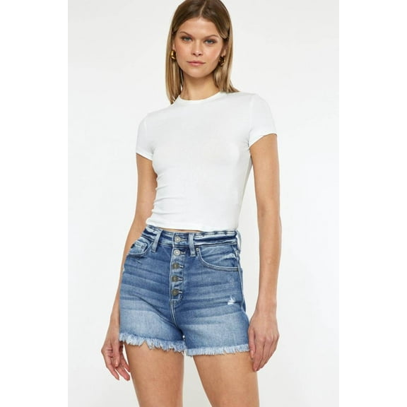 Kan Can USA Button Fly High Rise Raw Hem Denim Shorts - Rosa Apparel