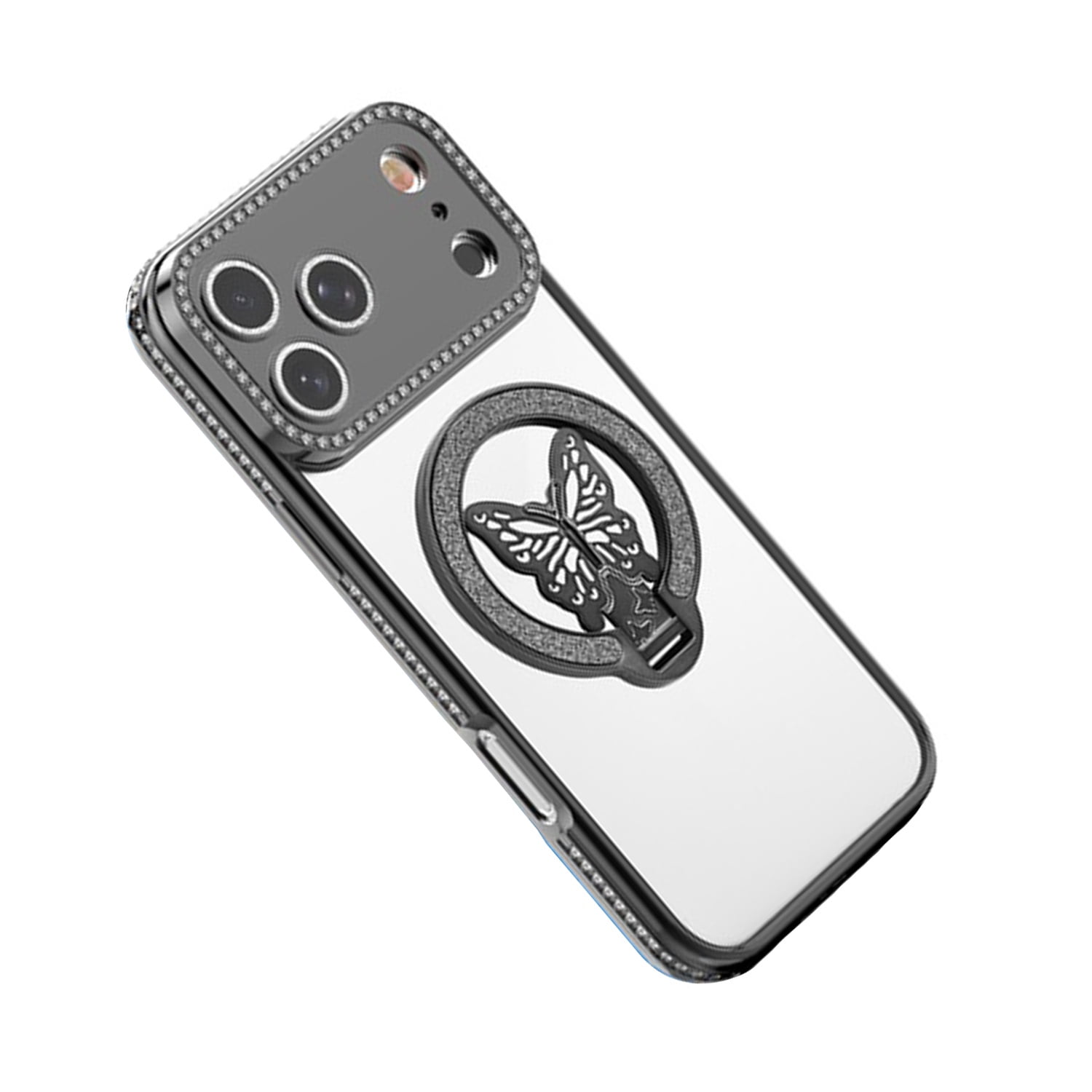 Shiny Butterfly Stand Case for iPhone 17 Pro Max - Black