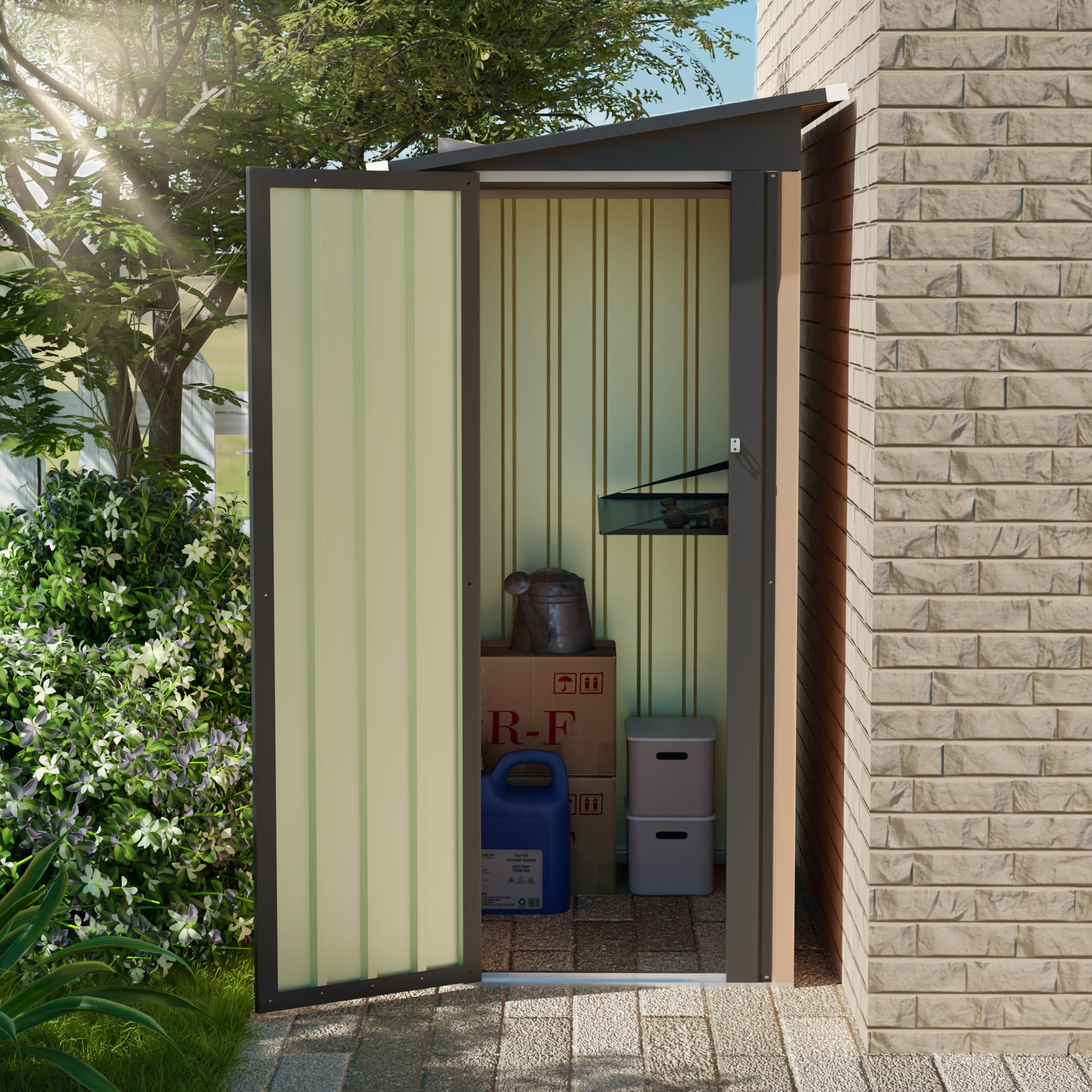 Aukfa 4.27x2.42FT Outdoor Pent Metal Garden Shed,Weather-Resistant Tool Shed for Backyard, Patio & Lawn,Brown