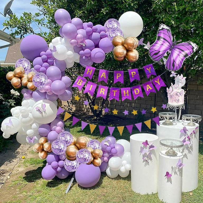 AYUQI Birthday Decoration,Purple White Happy Birthday Banner