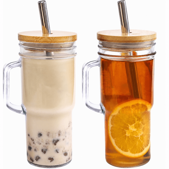 Xuet 24oz Glass Tumbler Cup with Handle, Bamboo Lid & Stainless Steel Straw, Reusable Iced Coffee Drinking Glass Mug, 2 Pack