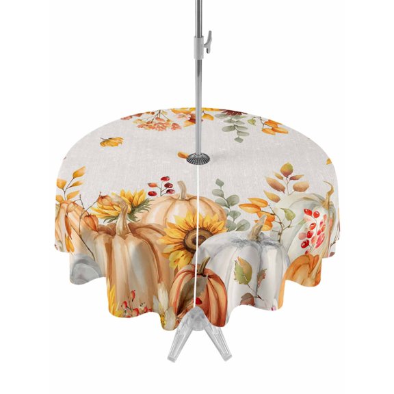 Outdoor Tablecloth with Umbrella Hole and Zipper, Orange Fall Round Table Cloth 60 Inch Waterproof Tablecloth, Thanksgiving Pumpkins Sunflower Rustic Picnic Table Cover for Patio Camping