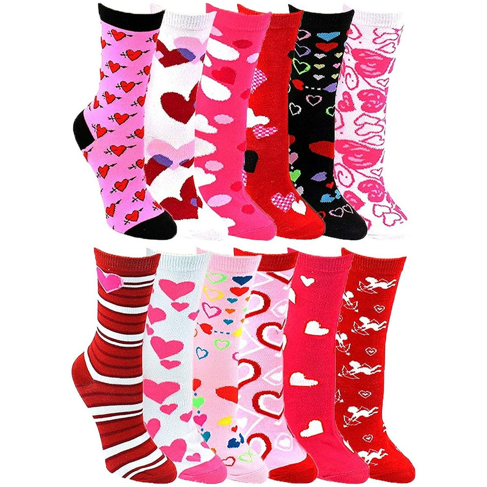 Winterlace Heart Print Crew Socks for Women, 12 Pairs Valentines Day