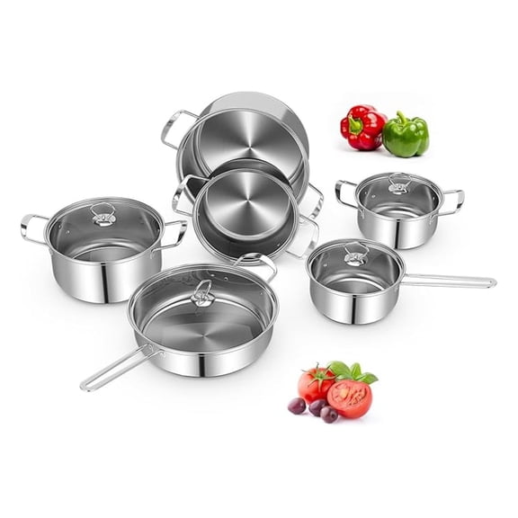 12 Piece Stainless Steel Cookware Set, Pots and Pans Set with Stock Pot, Frying Pans, Saucepan, 6 Glass Lids, Induction Compatible, Kitchen Cookware Sets for Home, Silver (12 Piece)