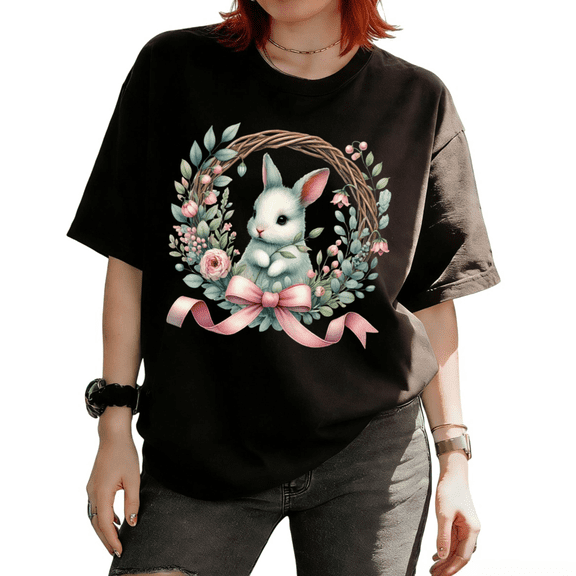 Easter Bunny Floral Wreath Graphic Versatile All-Occasion Tees T Shirt Tops Short Sleeve Round Neck Black S-5XL