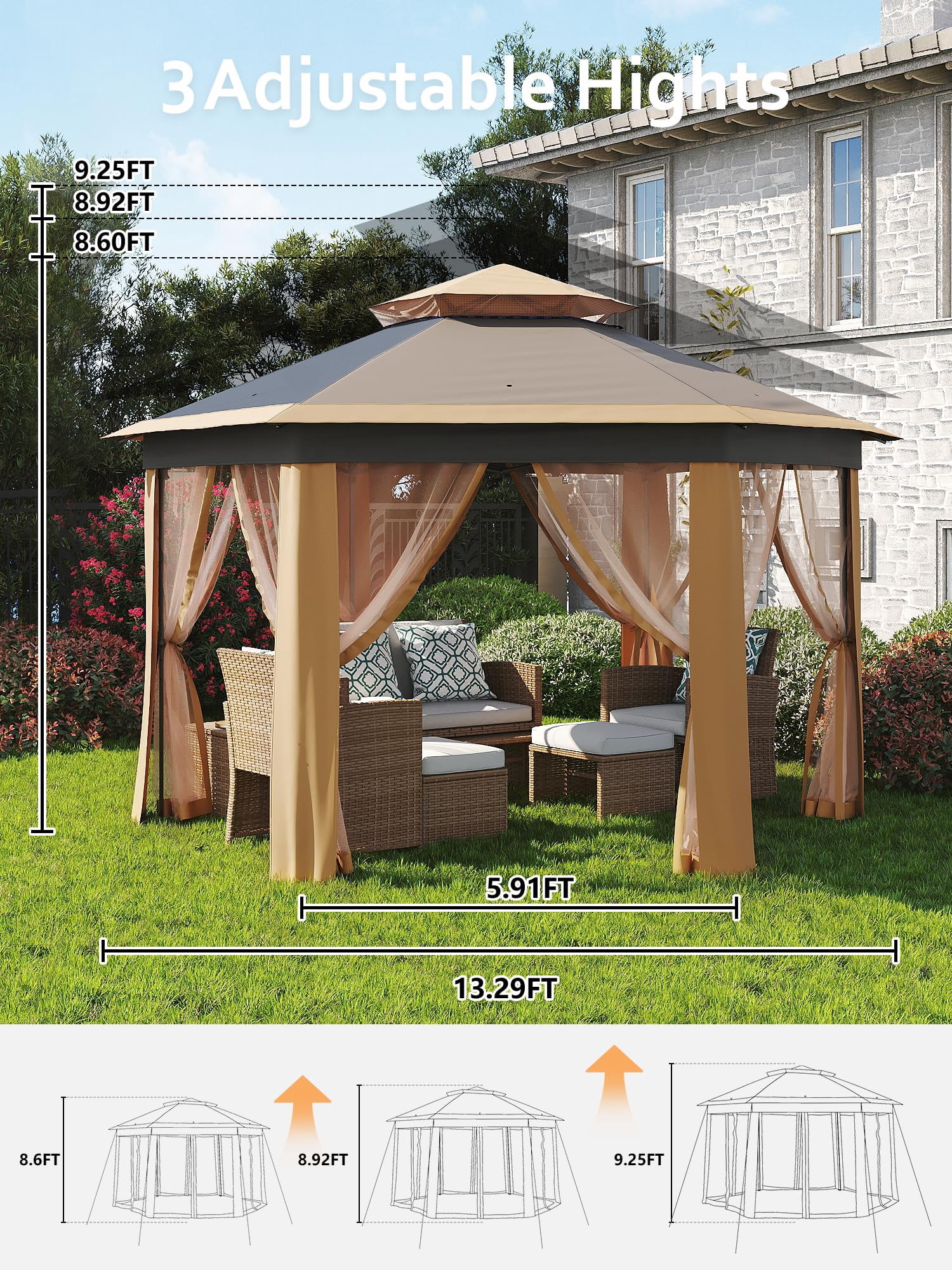Luku 13'x13' Pop-Up Gazebo, Outdoor Hexagonal Patio Gazebo with Mosquito Netting, Instant Setup Canopy Tent with Strong Steel Frame and Sandbags, for Backyard, Gardens, Patio