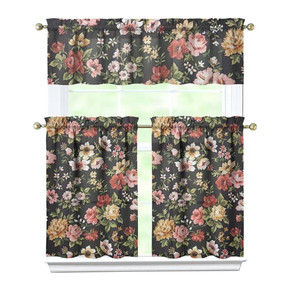 Farmhouse Floral Curtains 36 Inch Short - 3 Panel Set with Vintage Botanical Print, Bohemian Wildflowers & Sunshine, Rod Pocket Window Drapes for Rustic Decor
