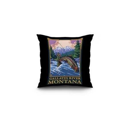 Gallatin River, Montana - Fly Fishing Scene - Lantern Press Artwork (16x16 Spun Polyester Pillow, Black