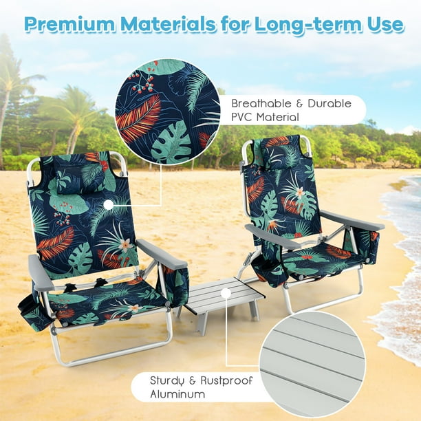 Gymax 2 Pack Folding Backpack Beach Chair Table Set 5 Position Outdoor Reclining Chair