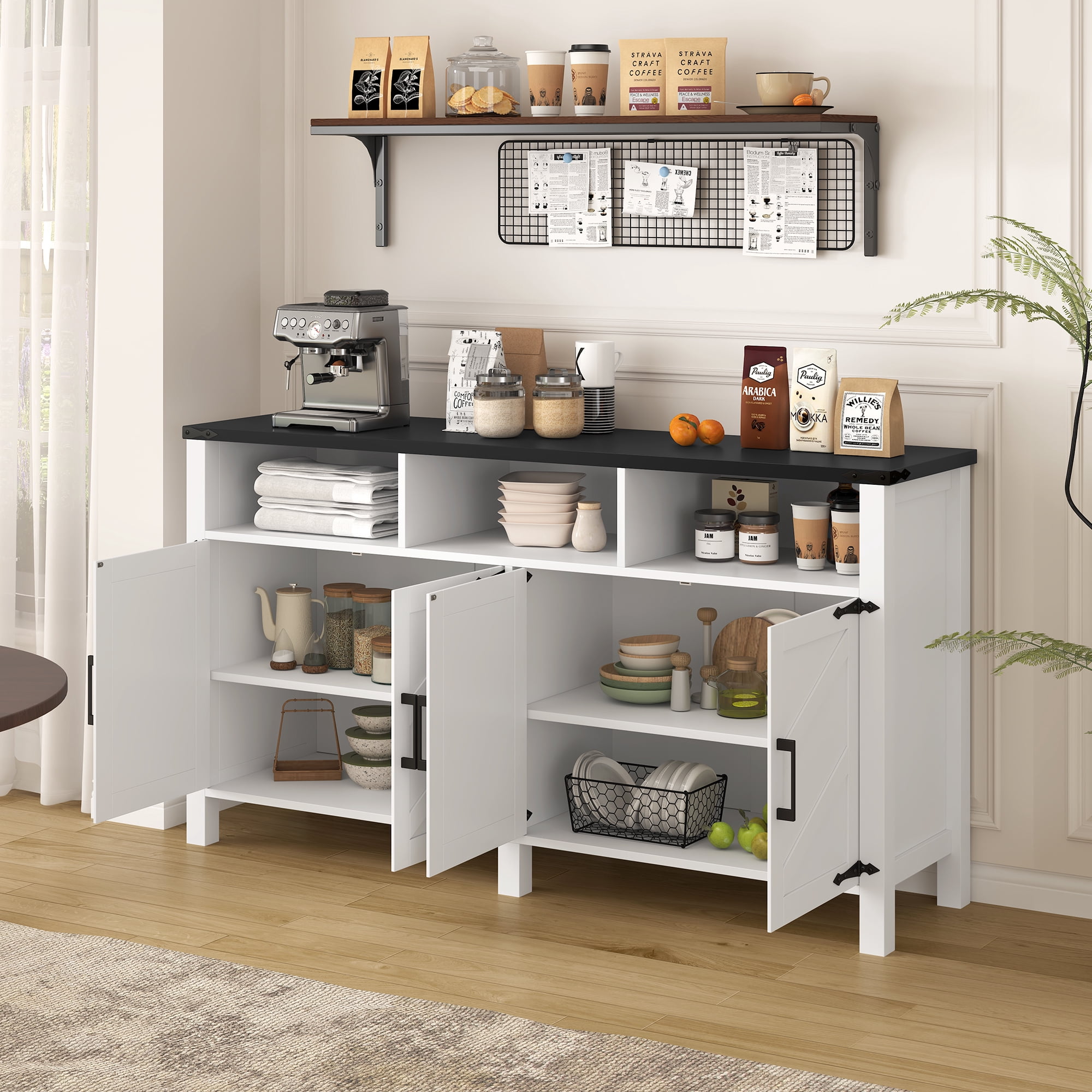 Euroco 59" Large Sideboard Buffet Cabinet with Storage, Wood Coffee Bar Station with Charging Station,Adjustable Shelves and Open Storage Shef for Living Room,Dining Room,White