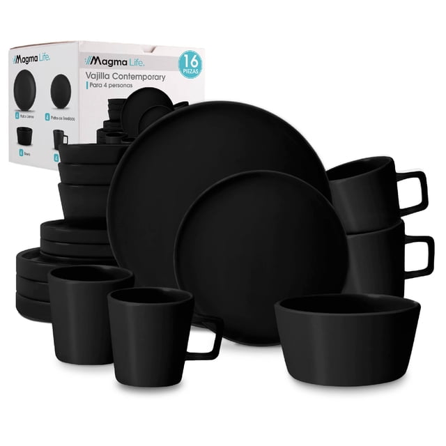Vajilla Para 4 personas, en Color Negro Ceramica/Stoneware Elegante y Modernos Set de 16 Pzas con 8 Platos extendidos, 4 Tazones y 4 Tazas 12oz
