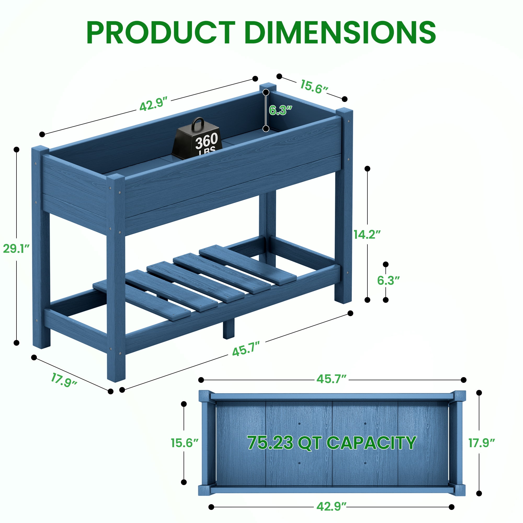 SERWALL HDPE Raised Garden Bed with Legs, 43"x16"x30" Elevated Planter Box, Outdoor Planter for Vegetables Flowers, Blue