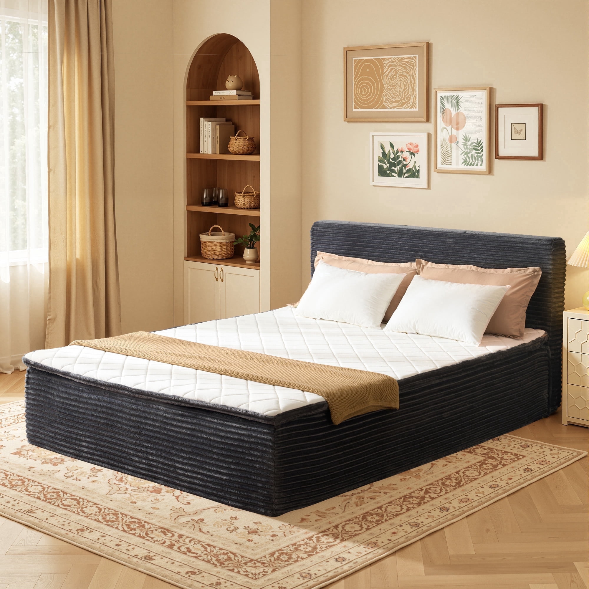Toject Queen Size Bed with Memory Foam Mattress, Soft Bed with Matching Headboard, Medium Firm Mattress in a Box, No Assembly Required and No Bed Frame Needed, Bedrooms, Apartment, Gray