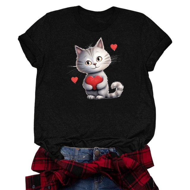 TSADFHJI Ladies Tops for Fall Boho Cat Print T Shirt M Dark Gray