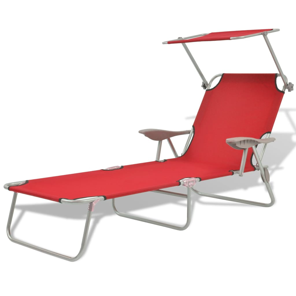 Clearance Outdoor Lounge Bed with Canopy, Folding Camping Sun Relaxing Chaise for Garden Patio, Red