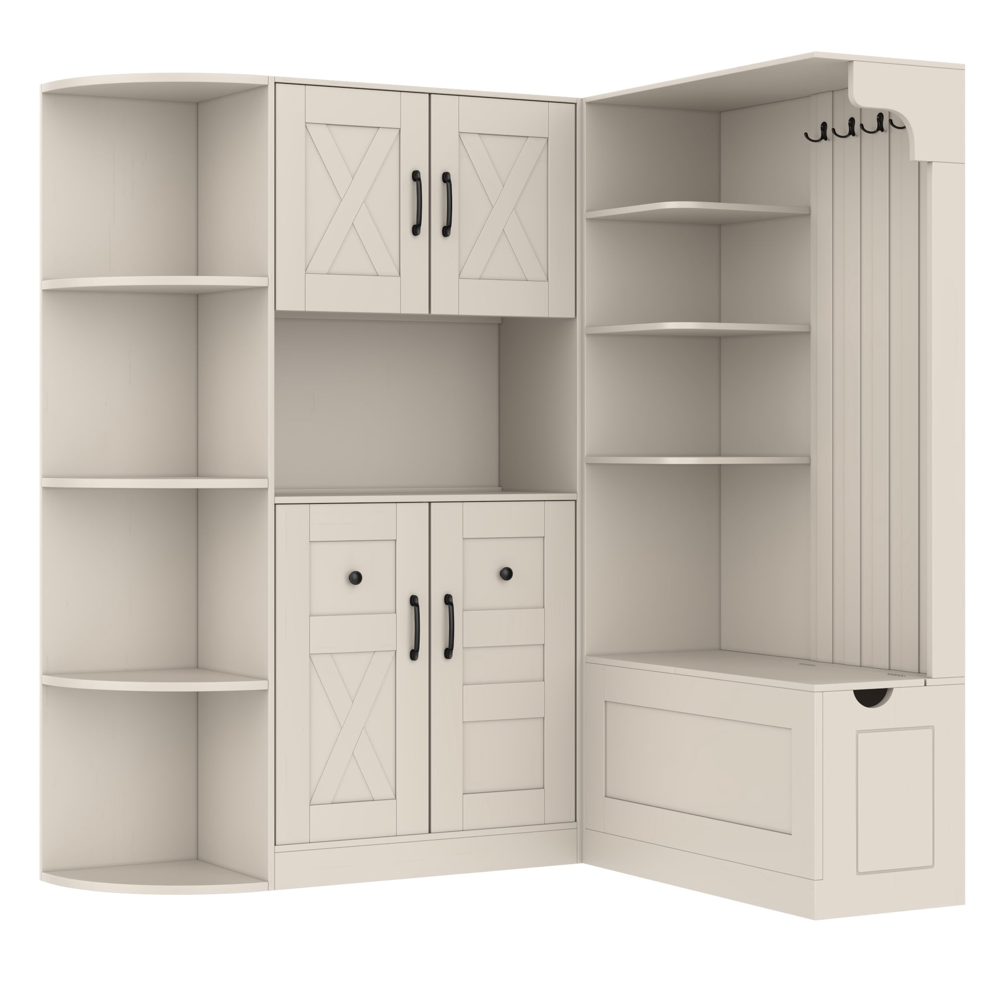 T-Foyer Farmhouse Beige Detachable Hall Tree with 4 Hooks & Bench, Wooden Rustic Entryway Organizer with Open Storage & 2 Cabinets