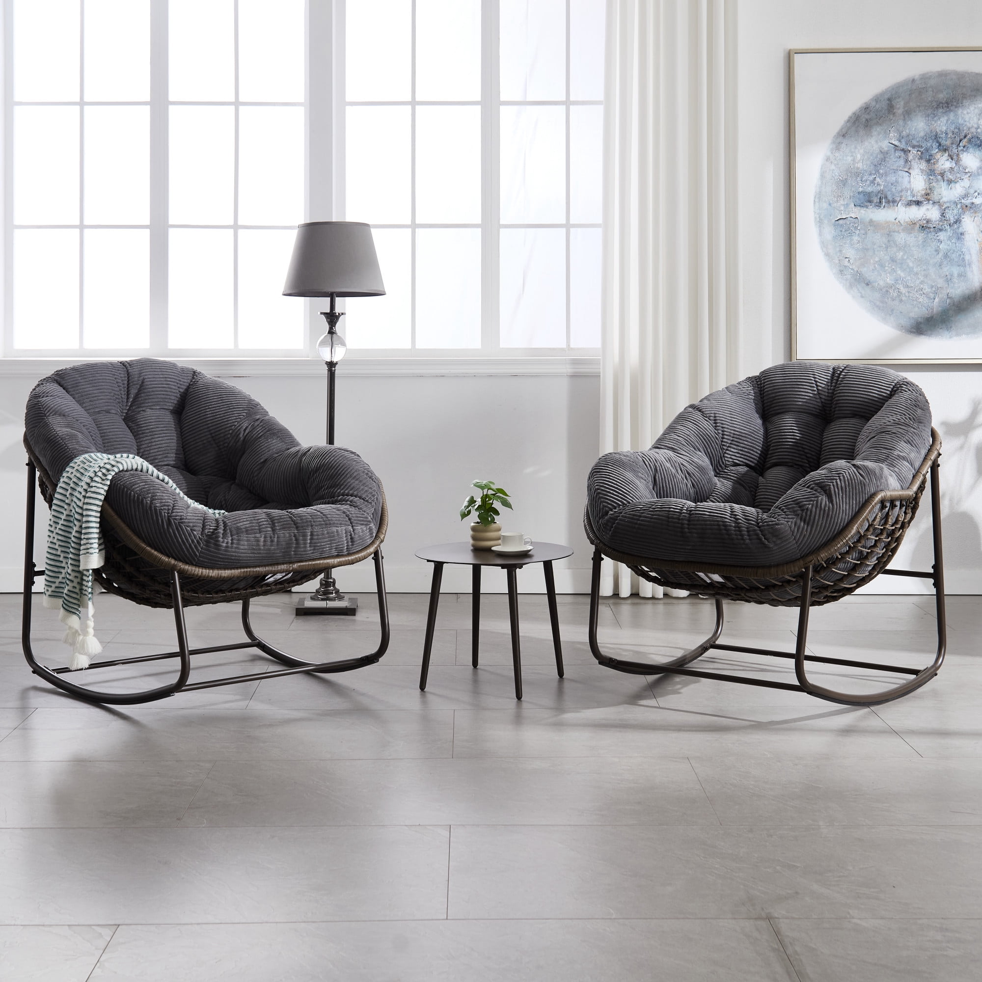 Leumius Outdoor Rattan Rocking Chair, Padded Cushion Rocker Recliner Chair Outdoor for Front Porch Living Room Patio Garden, Grey