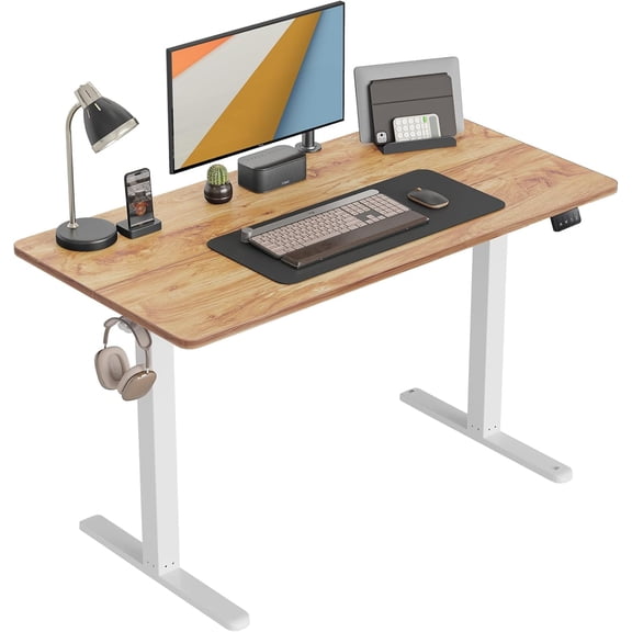 CubiCubi Standing Desk, 48 x 24 Inch Electric Stand up Height Adjustable Home Office Table, Sit Stand Desk with Splice Board, White Frame & Light Rustic Brown Desktop