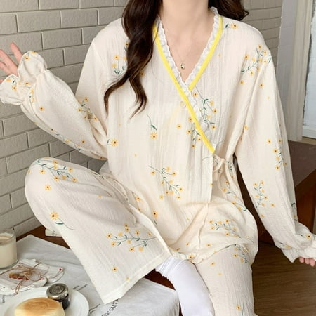 

PIKADINGNIS Women Cotton Gauze Kimono Pajamas Set Long Sleeve Pant Soft Home Clothes Printing Soft Sleepwear Loungewear Womens Set Pyjamas