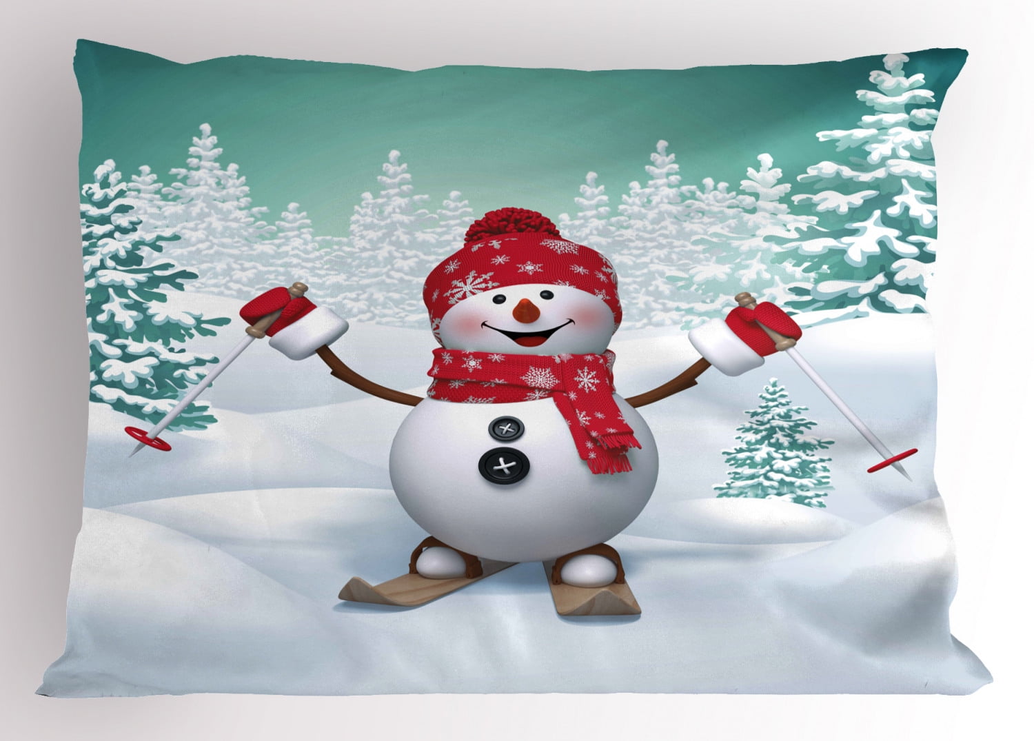 Christmas Pillow Sham Snow Covered Mountain with Fir Trees and Skiing