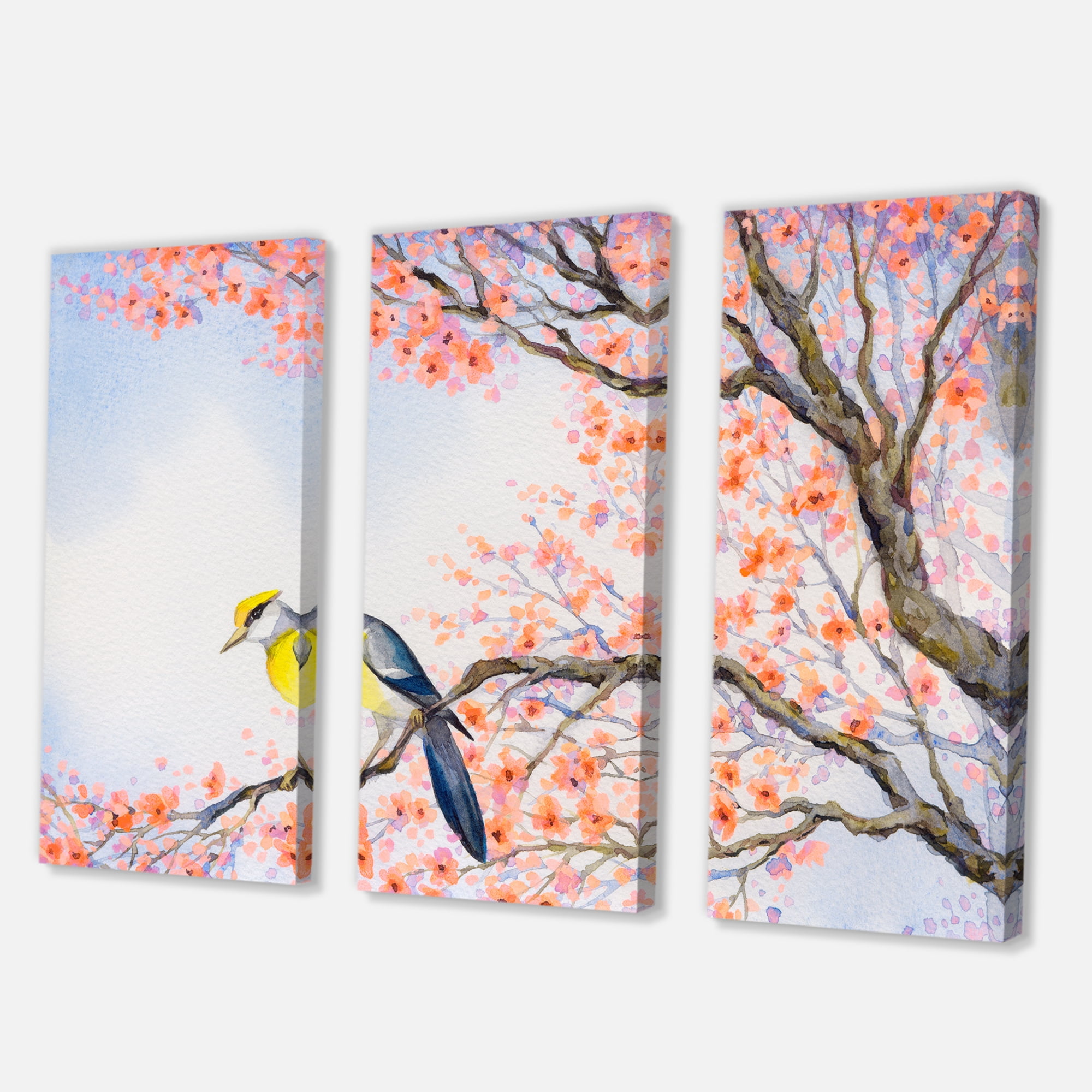 Beautiful Blue Bird Sitting On Flowering Branch I 28 in x 36 in Painting Canvas Art Print, by Designart