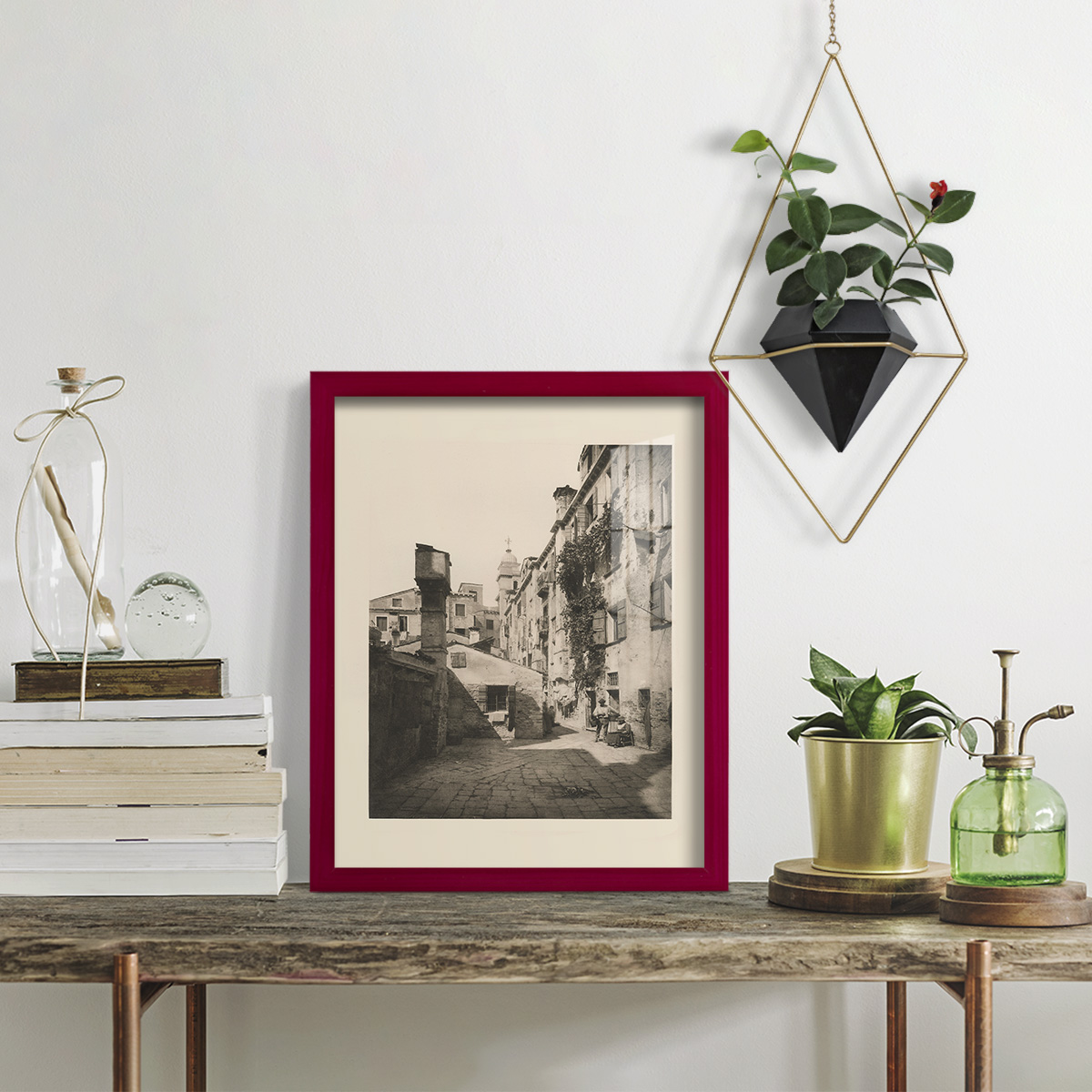Vintage Views of Venice VIII - Framed Print w/glass - Cherry Red