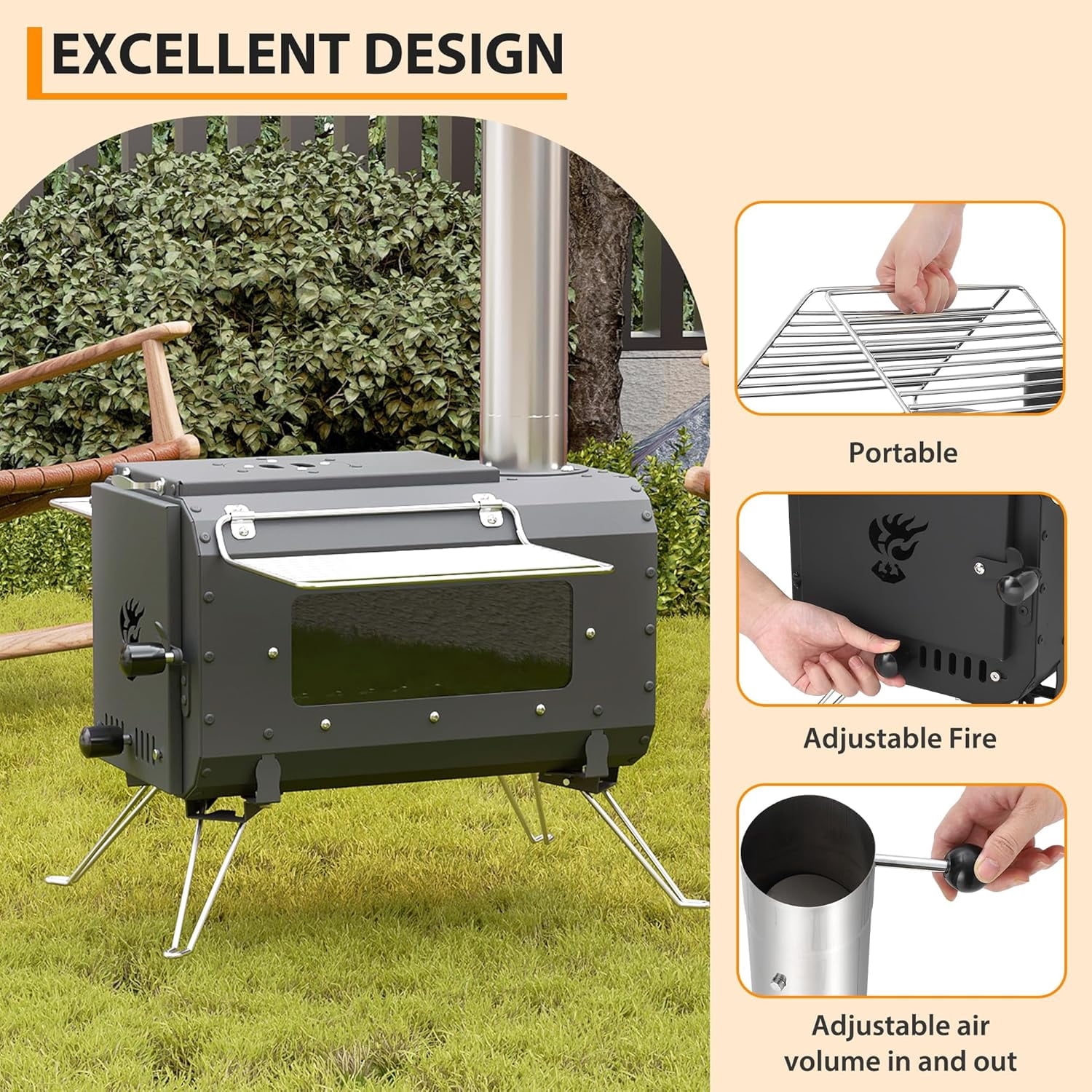 Riedhoff Wood Burning Camping Stove 17.91 x 11.62 x 13.11",  6 Chimney Pipes & Glass Window, Black