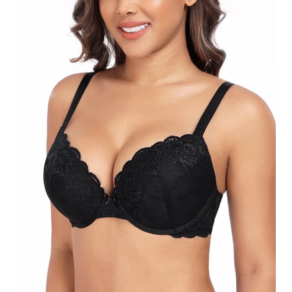 Curyon Women's Push Up Bra Underwire Plunge Padding Add Cups Support Lace Bras,34B
