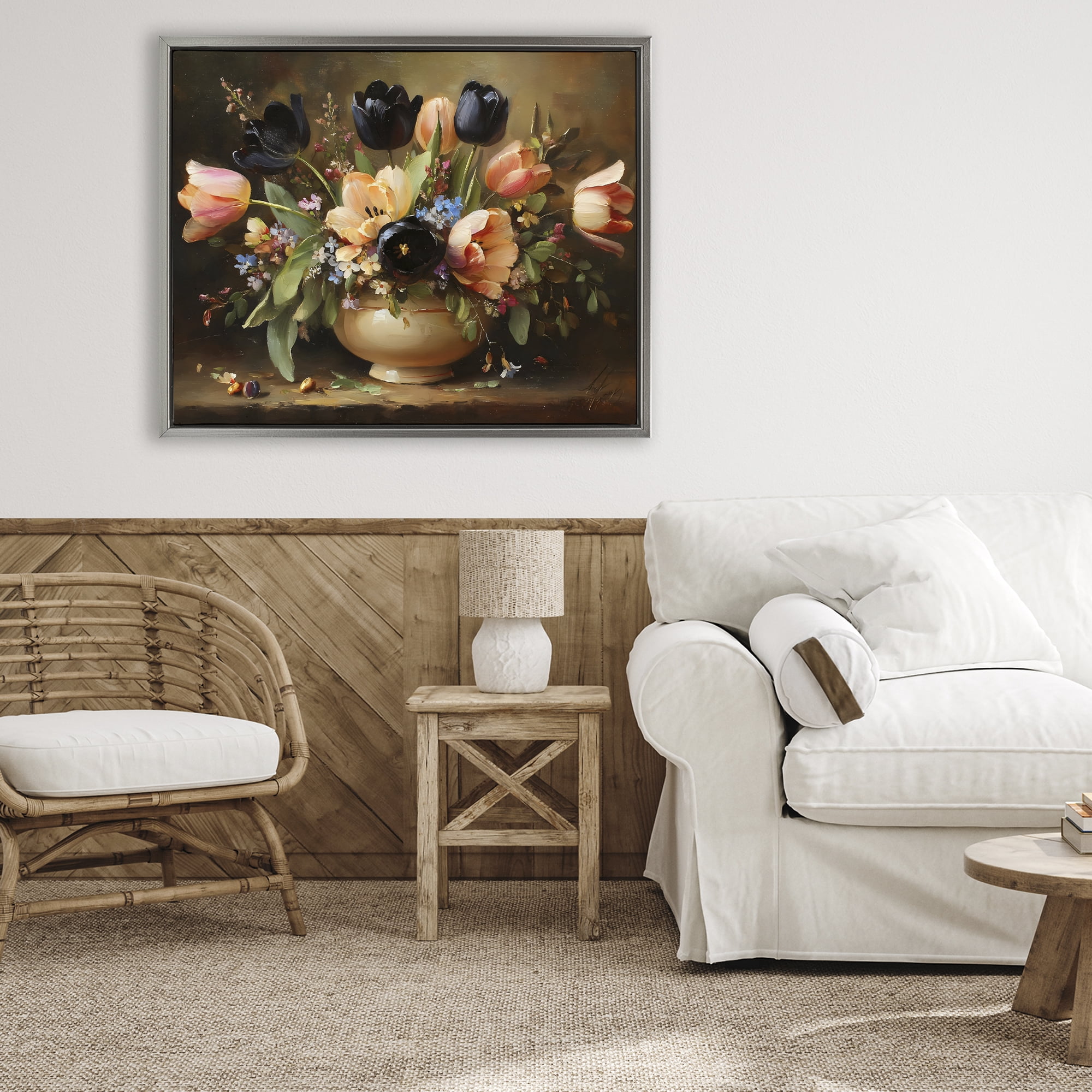 Stupell Industries Black Tulips & Peach Bouquet Gray Framed Floater Canvas Wall Art, design by Franklyn Gregory