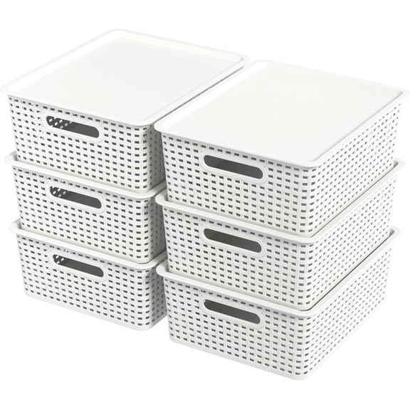 Hespama 6-Pack Plastic Weave Storage Basket with Lid, Stackable Organizer Basket, White