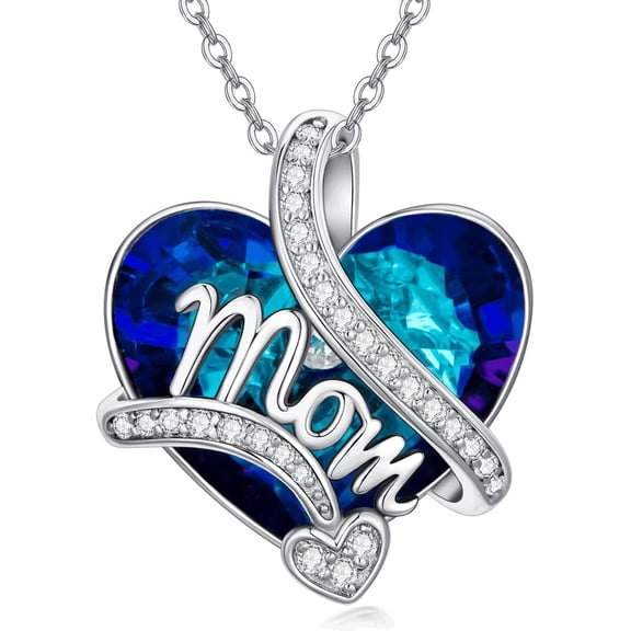 DVEATR Mom Necklace Sterling Silver Blue Heart Crystal Necklace Mother’s Day Gift for Women