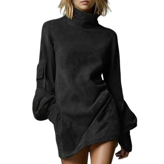 Female Long Sleeve Dress Mock Neck Slim Fit Bodycon Mini Dresses Black XXL