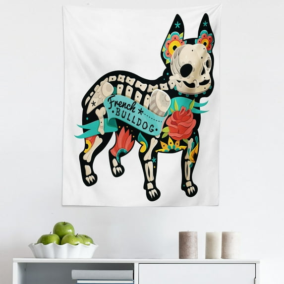 Bulldog Tapestry, Gothic Art Puppy Silhouette with Skeleton and Colorful Flowers French Bulldog, Fabric Wall Hanging Decor for Bedroom Living Room Dorm, 5 Sizes, Multicolor, by Ambesonne