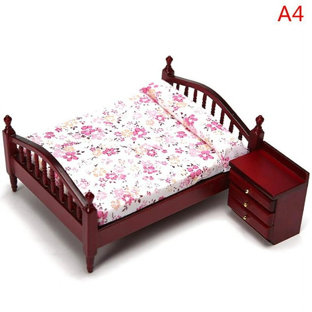 OUSITAID 1 Pce Lit Double + 1 Pce Table de Chevet 1 12 Maison de Poupée Miniature Mobilier en Bois