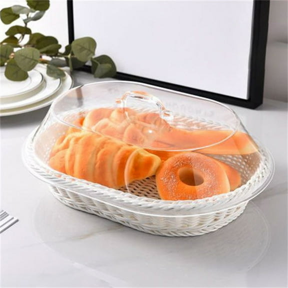 CAIMYY Acrylic Lid Bread Basket - 14" Wicker Serving Tray for Bread/Fruit/Pastries, Food-Grade PP Woven Picnic Basket with Handle, Rustic Home Decor & Wedding Gift Box