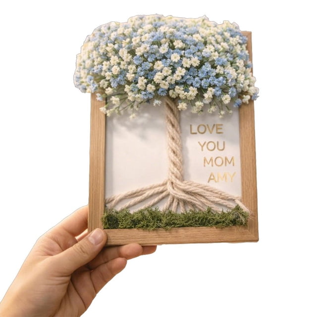 DIY Mothers Day Dried Flower Tree Frame Personalized Wooden Photo Frame With Letter Stickers & Artificial Flowers