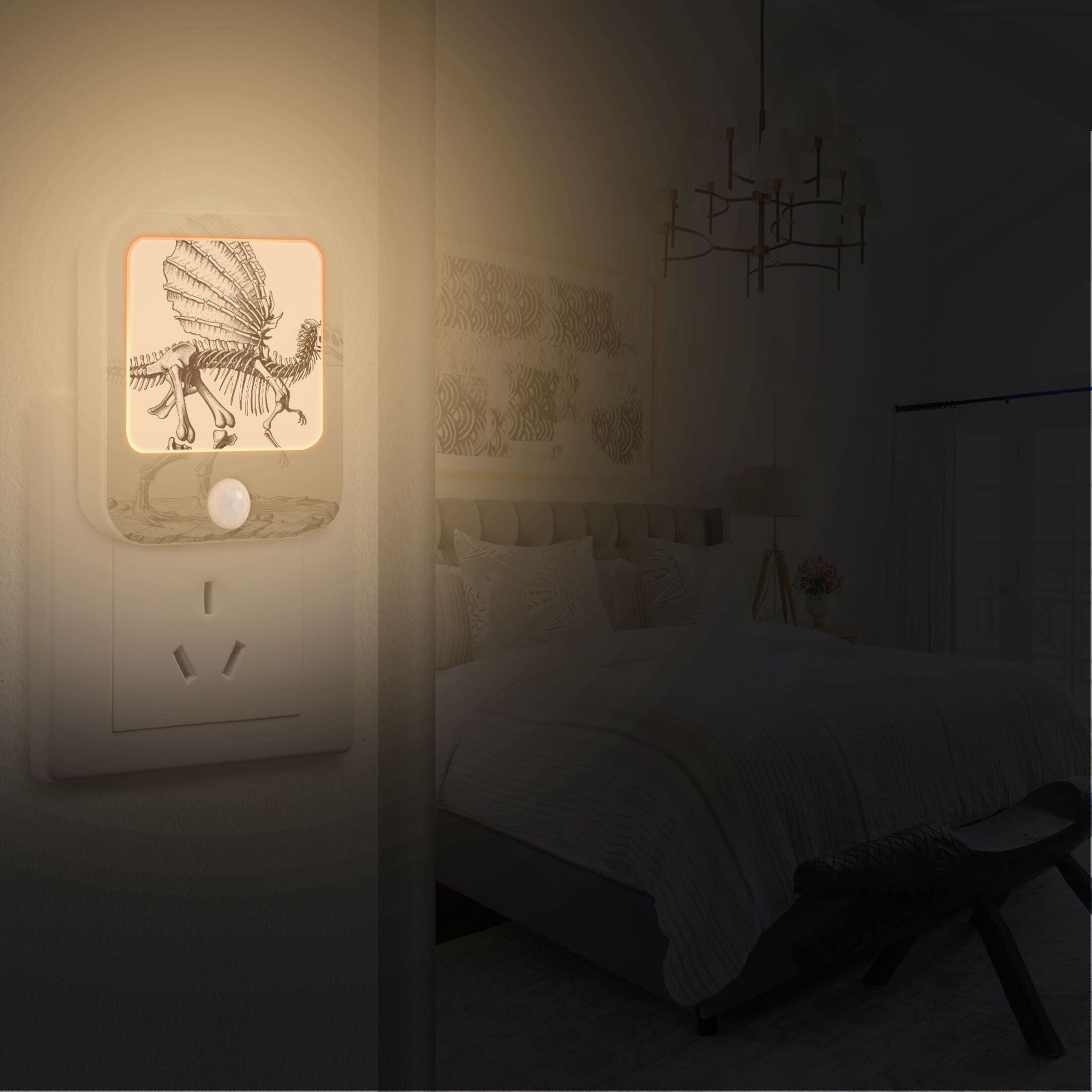 Dinosaur Skeleton Night Lights Plug into Wall LED with Auto Light Sensor Warm Light for Kids Hallway Bedroom Living Room Kitchen Bathroom Set of 2