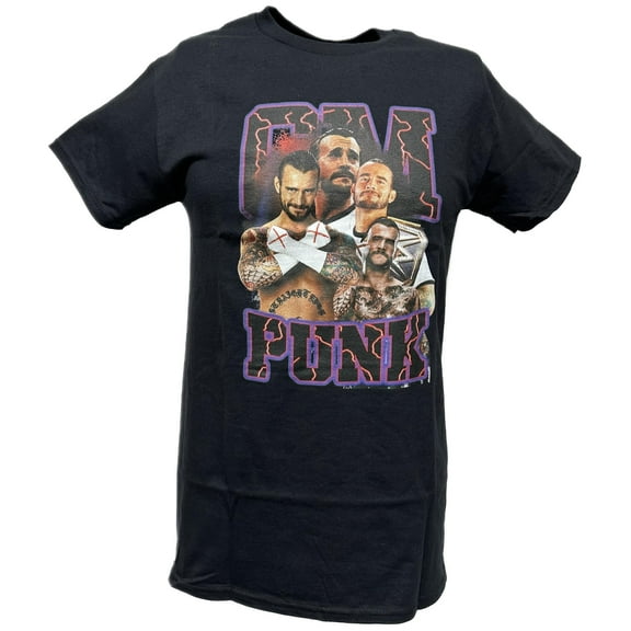 CM Punk Purple Name Four Pose Mens Black T-shirt