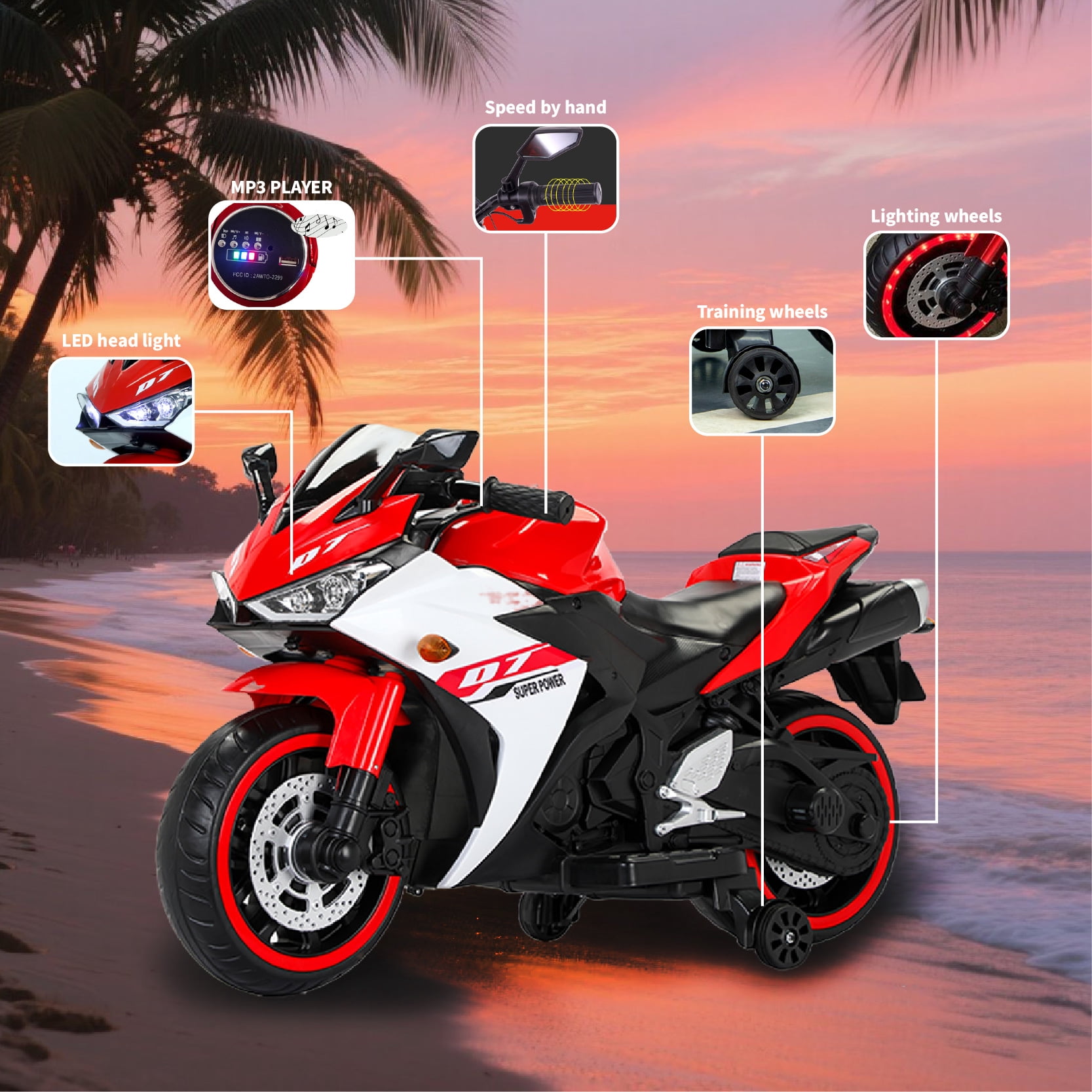 12V Kids Electric Motorcycle Ride-On Toy with LED Light-Up Wheels & Training Wheels, Manual Throttle, Built-in Music, Bluetooth, and USB Port - Gift for Boys Girls Ages 3-6 (Red)