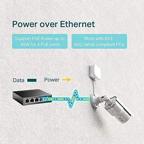TP-Link TL-SG1005P V2 o posterior | Switch Gigabit PoE de 5 puertos | 4 puertos PoE+ @65W | | de escritorio Plug & Play | Metal robusto con puertos blindados | | sin ventilador protección limitada de