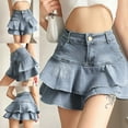 thumbnail image 4 of Women High Waist A-Line Mini Cake Jean Skirt Pleated Layered Denim Streetwear, 4 of 16