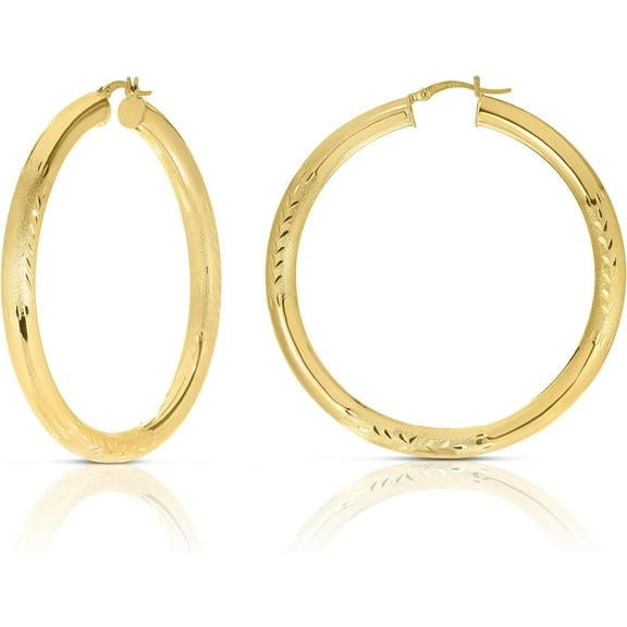 Floreo 10k Yellow Gold 30mm x 5mm High Polish and Satin Finish Round Tube Hoop Earrings