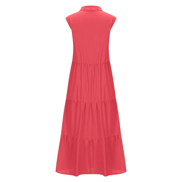 Wizutiz Womens Summer Dress Trendy Plus Size Linen Pleated Button Down Solid Shift Dress Sleeveless V-Neck Sun Dresses for Ladies Midi Dress Wrinkle-