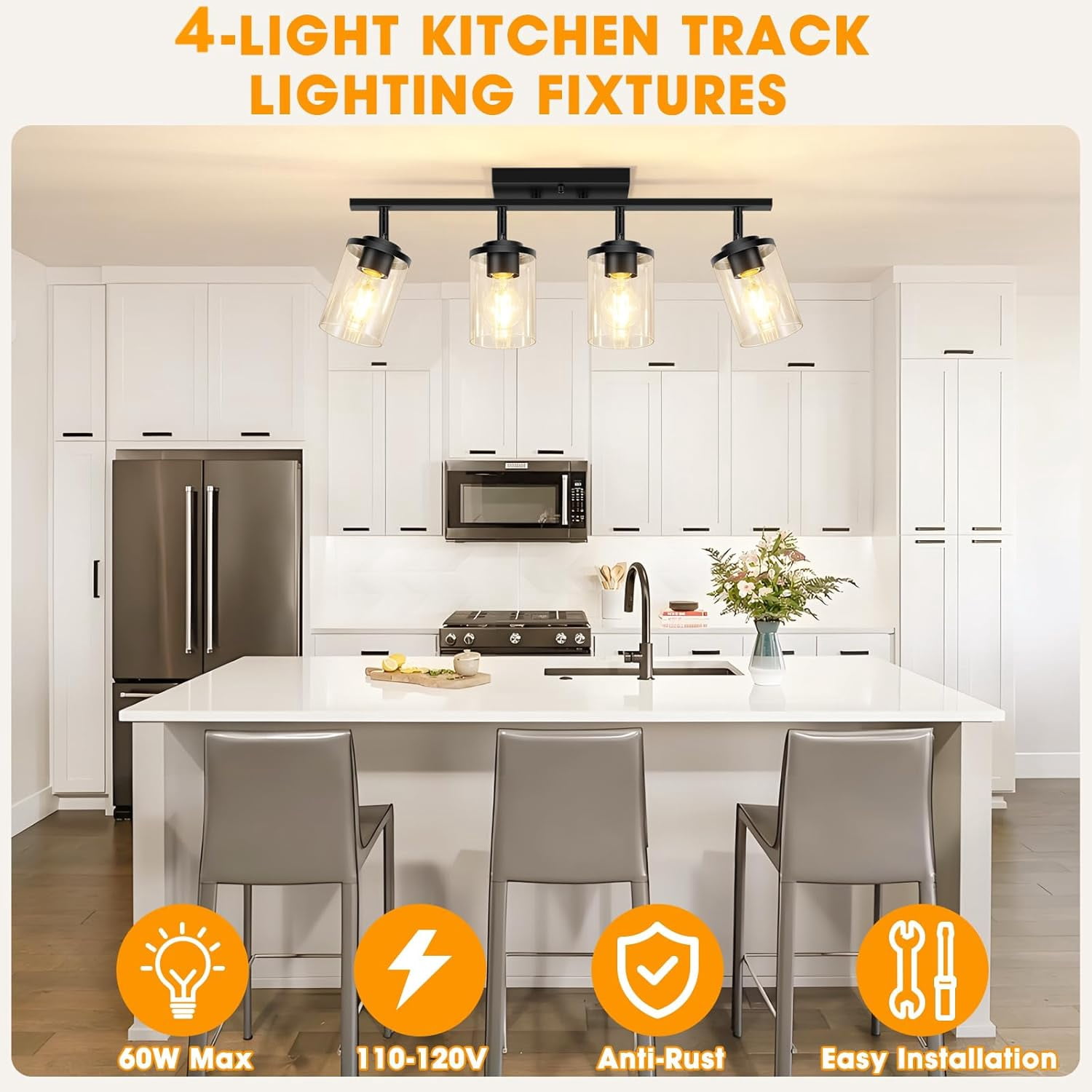 4-Lights Track Lighting Fixtures Ceiling with Clear Glass Shades, Modern Black Semi Flush Mount Ceiling Light, Rotatable Wall Mount Ceiling Lamp for Kitchen Hallway Bedroom